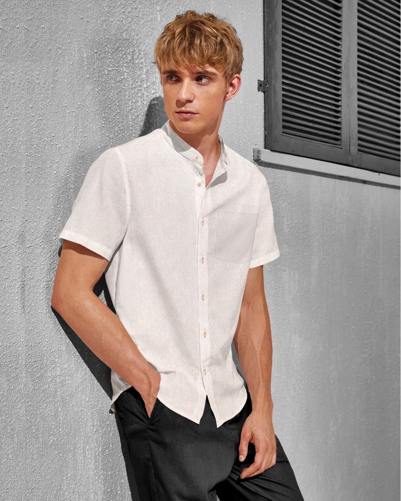 Ivory Linen Collarless Shirt