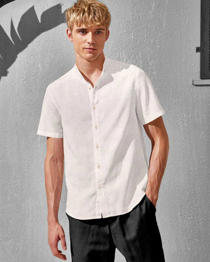 Ivory Linen Collarless Shirt